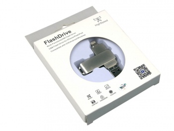 USB-флешка на 32 Гб, интерфейс USB3.0, поворотный механизм,c дополнительными разъемами для I-phone Lightning и Micro USB,  полностью металлический корпус, серебро