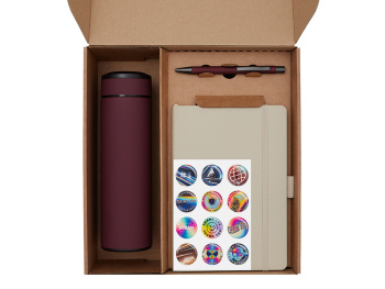 Подарочный набор с термосом, блокнотом, ручкой и чаем, бордовый