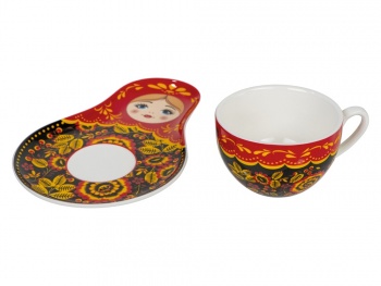 Набор «Моя Россия»: чайно-кофейная пара «Матрешка, хохлома» и книга «Россия» на русском языке