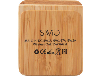 Беспроводное зарядное устройство 2-в-1 с подсветкой лого «Reedia S4», 15 Вт, бамбук, черный